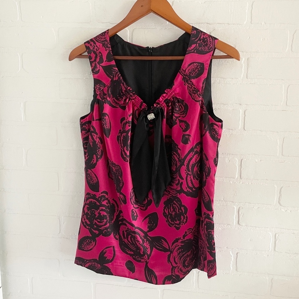 Vintage Y2K Tank top Satin Betsey Johnston Dark Romantic Roses print Red Black L